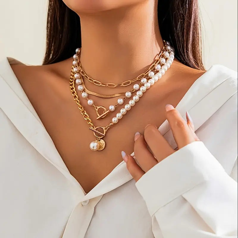 Vintage Pärl & Guld Orm Länkhalsband Set | Guld