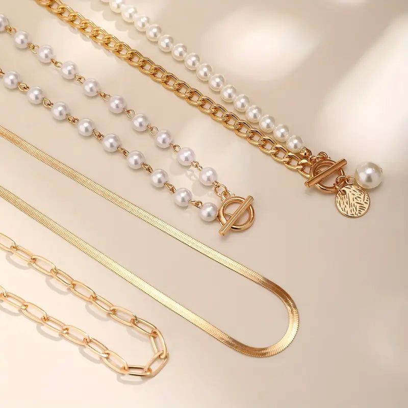 Vintage Pärl & Guld Orm Länkhalsband Set | Guld