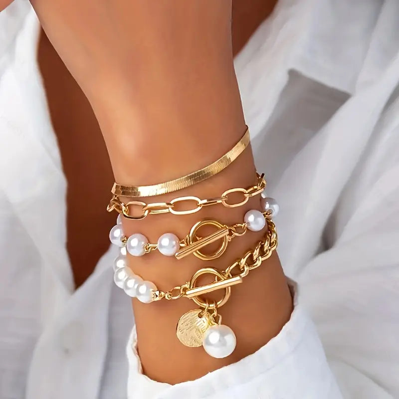 Chic Guld 4-Piece Armband Set - Orm, Pärlor & Länkar | Guld