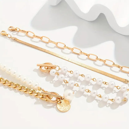 Chic Guld 4-Piece Armband Set - Orm, Pärlor & Länkar | Guld
