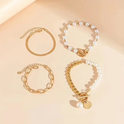 Chic Guld 4-Piece Armband Set - Orm, Pärlor & Länkar | Guld